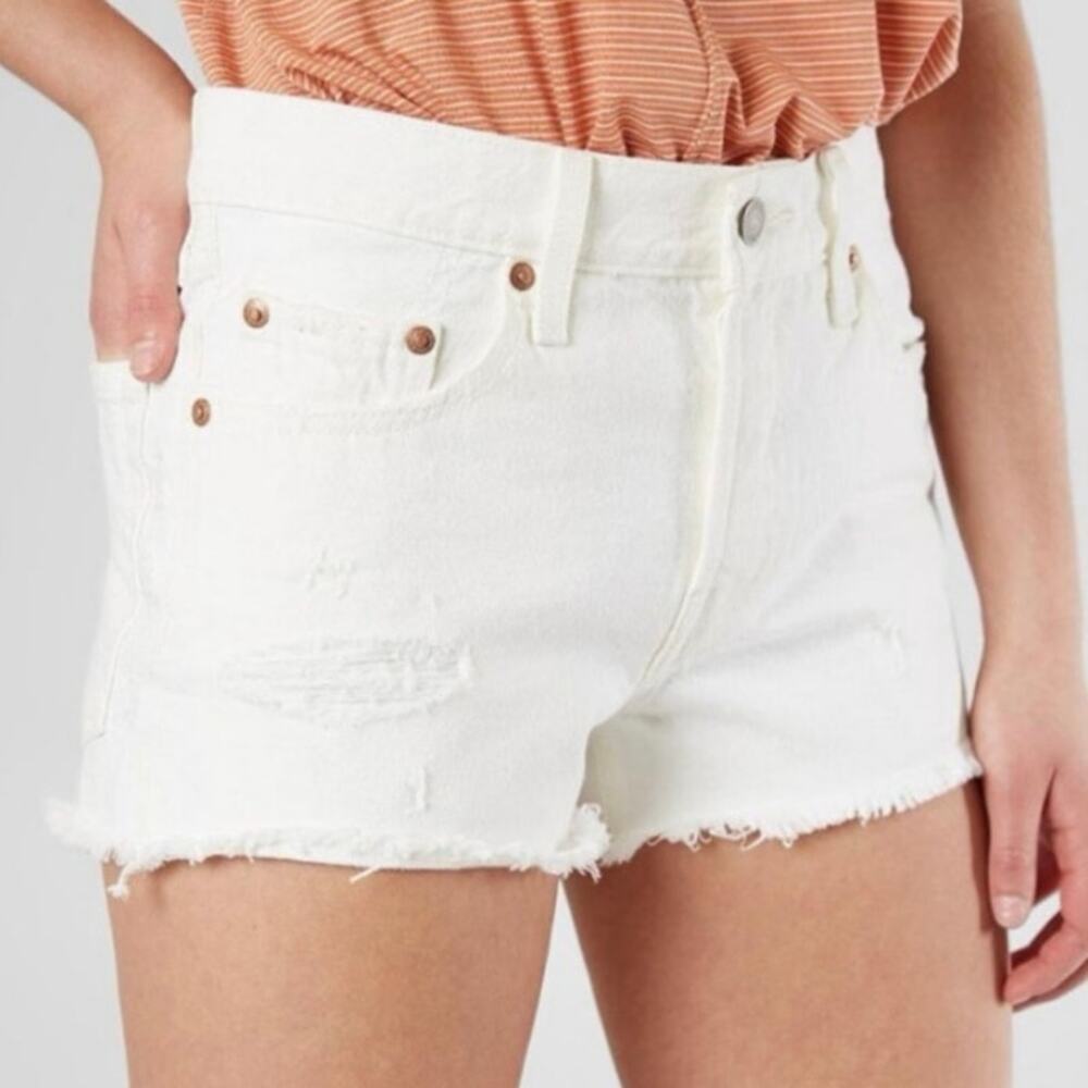 LEVI’S Anthropologie 501 High-Rise White Denim Distressed Button-Fly Shorts - 26